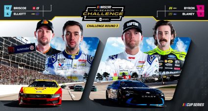 A tune-in graphic for EchoPark Speedway featuring Chase Briscoe, Chase Elliott, William Byron and Ryan Blaney in the NASCAR Cup Series.
