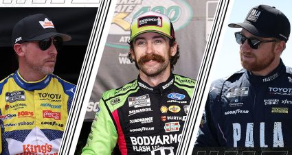 Chart showing race-by-race Driver Ratings and five-race rolling averages for Ryan Blaney, Denny Hamlin and Tyler Reddick through 20 races in 2026. Blaney finishes the span with the highest rolling average at 107.1, ahead of Hamlin at 94.0 and Reddick at 89.5.