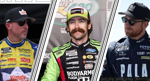Chart showing race-by-race Driver Ratings and five-race rolling averages for Ryan Blaney, Denny Hamlin and Tyler Reddick through 20 races in 2026. Blaney finishes the span with the highest rolling average at 107.1, ahead of Hamlin at 94.0 and Reddick at 89.5.