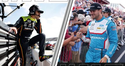 Ryan Blaney and Todd Gilliland in a split-screen graphic looking toward each other.