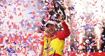 Joey Logano drives in a NASCAR Cup Series race at North Wilkesboro.