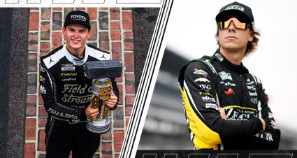 Corey Heim, left, celebrates a Brickyard 400 win while Carson Hocevar looks on in a split image graphic.