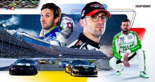 The field rumbles out of Turn 4 at Daytona International Speedway during the 2025 Coke Zero Sugar 400