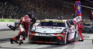 Denny Hamlin pits during the Southern 500 to open The Chase at Darlington.