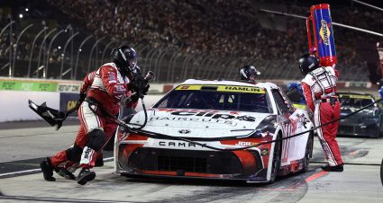 Denny Hamlin pits during the Southern 500 to open The Chase at Darlington.