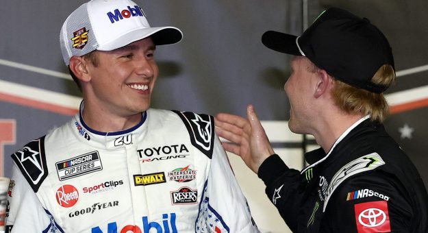 Ty Gibbs congratulates teammate Christopher Bell in Victory Lane after the Cook Out Southern 500 on Sept. 6, 2026 at Darlington Raceway.