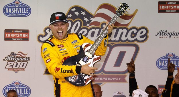 Layne Riggs, seen in a win at Nashville Superspeedway, enters the Craftsman Truck Series Chase as the No. 1 seed for Front Row Motorsports.
