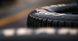 A detail of Goodyear Eagle Wet-Weather Radial tires are seen in the garage area before practice for the NASCAR Craftsman Truck Series Weather Guard 250 at Bristol Motor Speedway on April 11, 2025 in Bristol, Tennessee.