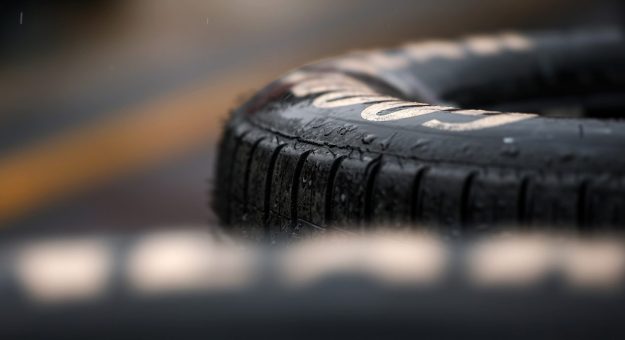 A detail of Goodyear Eagle Wet-Weather Radial tires are seen in the garage area before practice for the NASCAR Craftsman Truck Series Weather Guard 250 at Bristol Motor Speedway on April 11, 2025 in Bristol, Tennessee.