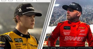 A split image of Jesse Love and Justin Allgaier after the O'Reilly Auto Parts Series race at Bristol.