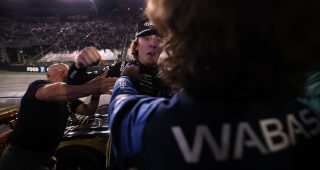 Carson Hocevar winds up to punch Ryan Blaney after the Bristol Night Race on Sept. 19, 2026.