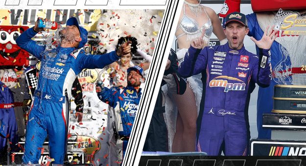 split image of kyle larson and denny hamlin each celebrating in victory lane