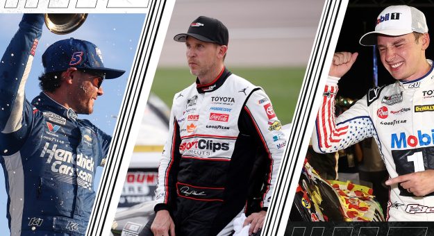 split image of kyle larson, denny hamlin, christopher bell