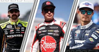 A split image of Ryan Blaney, Christopher Bell and Kyle Larson for the Cup Series' Phoenix Racing Insights projections.