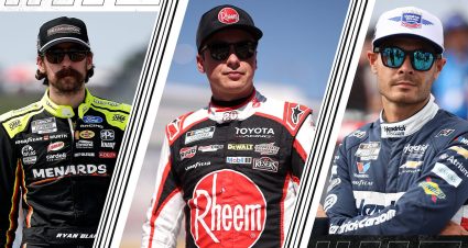 A split image of Ryan Blaney, Christopher Bell and Kyle Larson for the Cup Series' Phoenix Racing Insights projections.