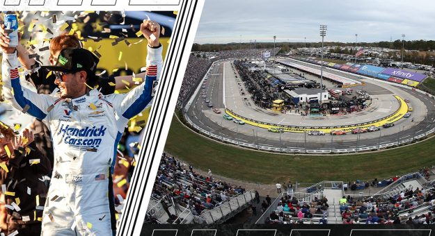 A split image of Kyle Larson winning the NASCAR Cup Series Chase race at Talladega Superspeedway and Martinsville Speedway from above.